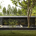 Natural Rockery Stones In Modern Outdoor Garden With Trees Grass And Lighting