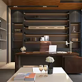 Modern Office Interior Design With Wooden Desk Laptop Lamp Documents Bookshelf Decorations And Plant