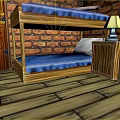 Cozy Wooden Bunk Bed With Blue Mattress Brick Wall Wooden Floor Nightstand Lamp And Bookshelf
