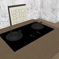 Black Glass Gas Stove On Wooden Kitchen Counter With Abstract Wall Art