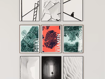 Nine Diverse Art Prints With City Maps Abstract Designs And Silhouette Elements 3d model