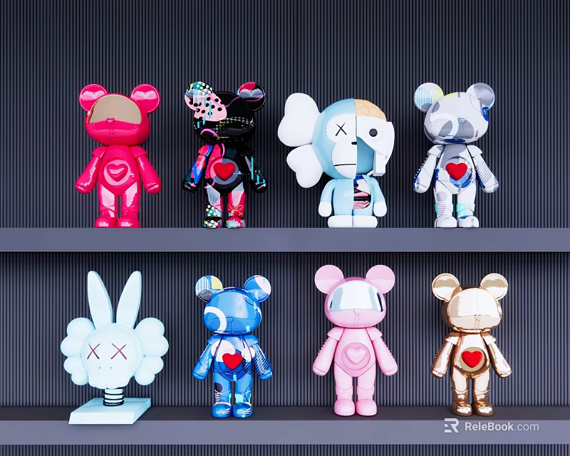Colorful Decorative Collectible Figures Bears Elephants Rabbits On Shelf 3d model 