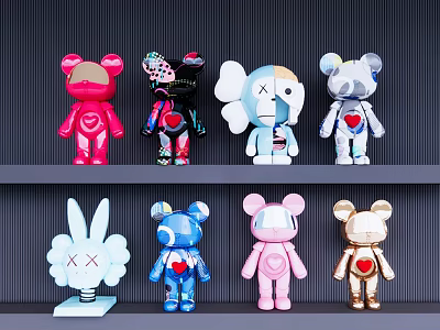 Colorful Decorative Collectible Figures Bears Elephants Rabbits On Shelf 3d model