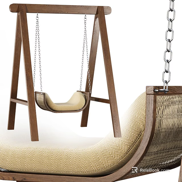 Comfortable Hammock Swing Chair With Wooden Frame And Beige Woven Cushioned Seat 3d model 
