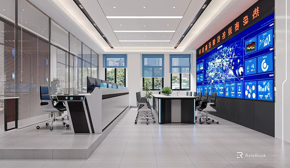 Modern Monitoring Room Interior With Multiple Screens Control Console And Office Chairs 3d model 