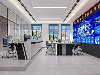 Modern Monitoring Room Interior With Multiple Screens Control Console And Office Chairs 3d model