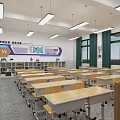 School Classroom Interior With Wooden Desks Chairs Large Screen And Inspirational Wall Decor
