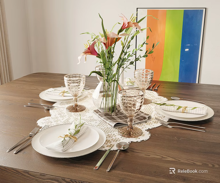 Elegant Tableware Set With White Plates Goblets Silver Cutlery Lace Placemats And Flower Vase 3d model 