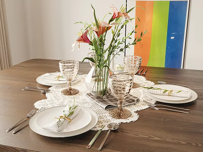 Elegant Tableware Set With White Plates Goblets Silver Cutlery Lace Placemats And Flower Vase 3d model