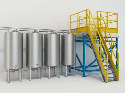 Industrial Equipment Featuring Stainless Steel Storage Tanks Yellow Access Stairs And Blue Support Frame 3d model