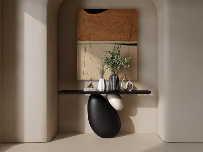 Decorative Ornament Set With Black Shelf Green Plant Vases Mugs And Sculptural Artwork 3d model