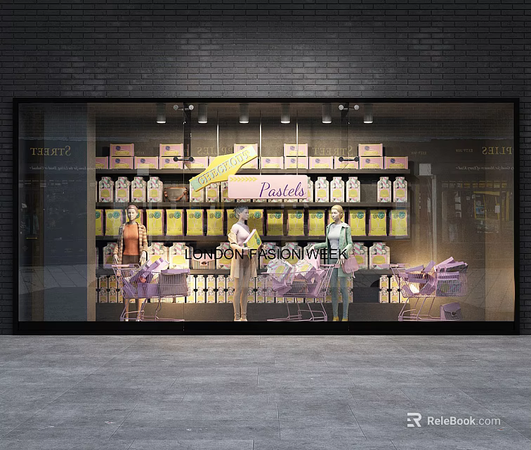 Stylish Store Window Display Featuring Pearly BONE ISLAND Stacked Boxes Mannequins And Strollers 3d model