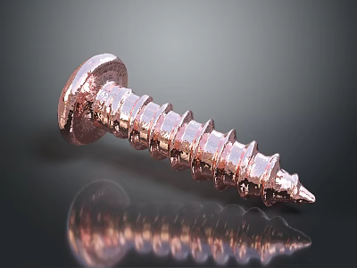 Shiny Rose Gold Metal Screw With Threaded Body Pointed Tip And Reflection On Black Background 3d model