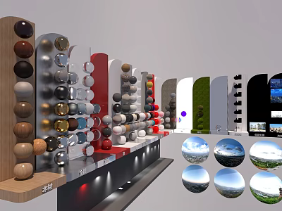 Colorful Sphere Display Featuring Various Materials On Shelf With Curved Panels And Earth Patterns 3d model