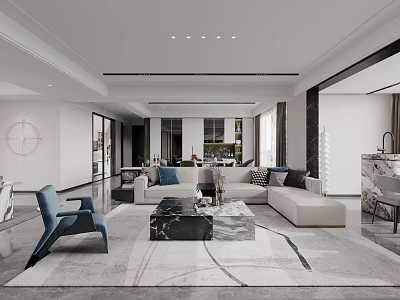 Modern Living Dining Room Interior Design With Sofa Coffee Table Blue Chair Rug And Plants 3d model
