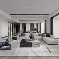 Modern Living Dining Room Interior Design With Sofa Coffee Table Blue Chair Rug And Plants