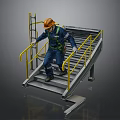 Metal Staircase With Yellow Handrails And Worker In Blue Work Uniform Orange Hard Hat