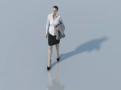 Business Woman In White Shirt Black Skirt Holding Jacket Walking On Light Floor With Reflection 3d model