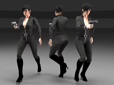 Female Game Movie Character Black Leather Jumpsuit Holding Gun High Heel Boots Multiple Angles View 3d model