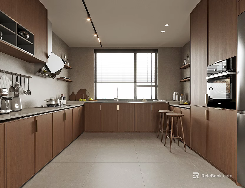 Modern Kitchen Interior Design With Wooden Cabinets Large Window And Bar Stools 3d model