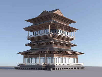 Ancient Architecture Multi Tiered Wooden Structure With Traditional Eaves Windows And Railings 3d model