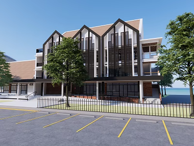 Modern Multi Story Residential Building With Balconies Parking Lot And Green Trees 3d model