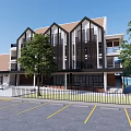 Modern Multi Story Residential Building With Balconies Parking Lot And Green Trees