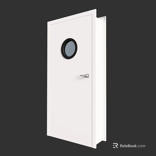 Modern White Hinged Door Design With Round Glass Window And Sleek Metal Handle 3d model 