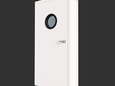 Modern White Hinged Door Design With Round Glass Window And Sleek Metal Handle 3d model