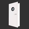 Modern White Hinged Door Design With Round Glass Window And Sleek Metal Handle