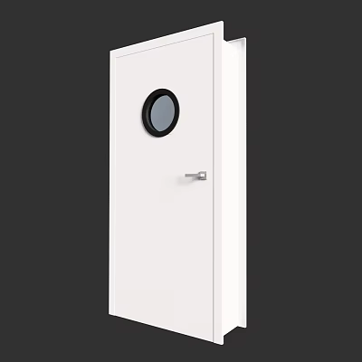 Modern White Hinged Door Design With Round Glass Window And Sleek Metal Handle 3d model