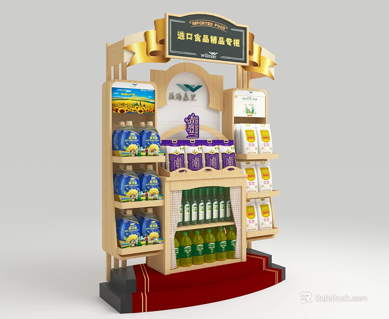 Multi layer Imported Food Display Shelf Showcasing Premium Bottled And Boxed Products With Top Signage 3d model 