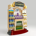 Multi layer Imported Food Display Shelf Showcasing Premium Bottled And Boxed Products With Top Signage