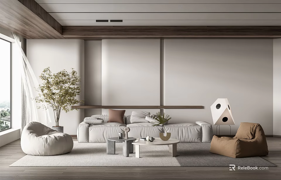 Modern Living Room Interior With Sofa Bean Bag Chairs Coffee Table And Potted Plant 3d model 