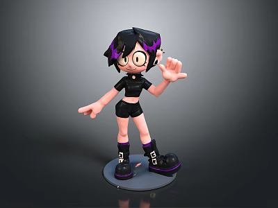 Cartoon 3D Character Model With Black Hair Purple Highlights Glasses Black Outfit And Boots 3d model