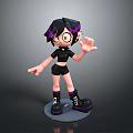 Cartoon 3D Character Model With Black Hair Purple Highlights Glasses Black Outfit And Boots