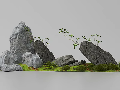 Natural Style Rockery Stones Arrangement With Lush Green Plants And Mossy Grass 3d model