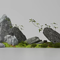 Natural Style Rockery Stones Arrangement With Lush Green Plants And Mossy Grass
