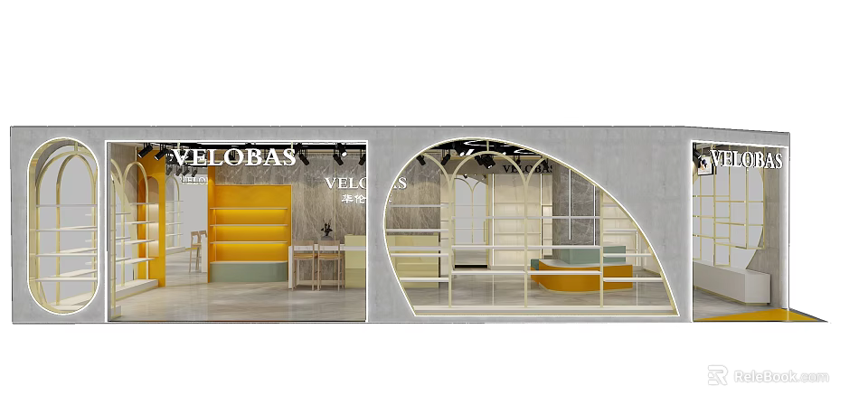 VELOBAS Boutique Interior With Yellow Staircase Arched Windows And Display Area 3d model 