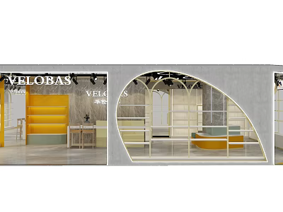 VELOBAS Boutique Interior With Yellow Staircase Arched Windows And Display Area 3d model