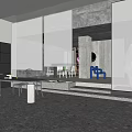 Modern Public Office Space Featuring Blue Chairs Red Shelves And Black Round Table