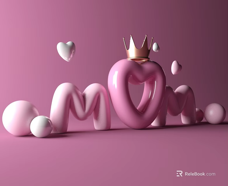 Fun Children's Play Area With Pink MOM Letters Heart Shape Golden Crown And Balls 3d model 
