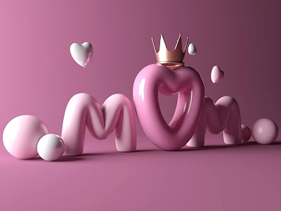 Fun Children's Play Area With Pink MOM Letters Heart Shape Golden Crown And Balls 3d model