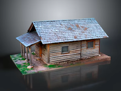 Aged Wooden House Model With Gray Tiled Roof Porch Pillars And Windows 3d model