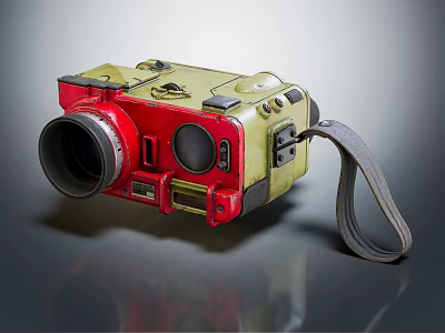Professional Commercial Camera Equipment In Red And Yellow With Large Lens Adjustable Strap And Controls 3d model