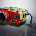 Professional Commercial Camera Equipment In Red And Yellow With Large Lens Adjustable Strap And Controls