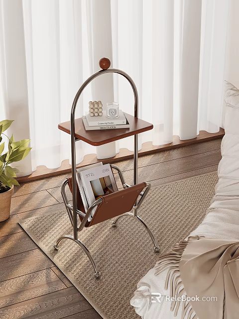 Modern Side Table with Metal Frame and Wooden Top in Bright Living Room Holding Magazines 3d model 