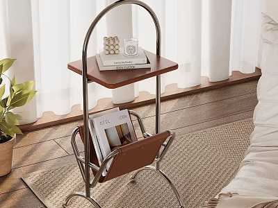 Modern Side Table with Metal Frame and Wooden Top in Bright Living Room Holding Magazines 3d model