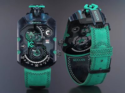 Luxury Skeleton Watch with Green Leather Strap and Black Case 3d model