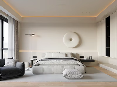 Modern Bedroom Interior Design With Soft Lighting Round Wall Art Floor Lamp And Plush Bed 3d model